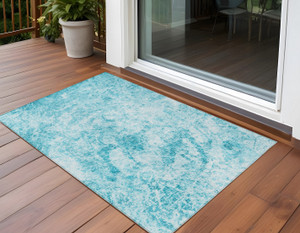 3' X 5' Teal Abstract Washable Non Skid Indoor Outdoor Area Rug - 608219345525