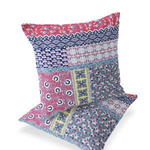 Modern Set of Two 16" X 16" Blue and Pink Blown Seam Floral Indoor Outdoor Throw Pillow for Living Room Bedroom Office
