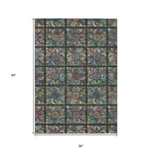 3' X 5' Fern Green Purple And Teal Blue Medallion Washable Indoor Outdoor Area Rug