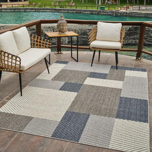 5' X 8' Gray And Blue Geometric Distressed Indoor Outdoor Area Rug