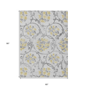 5' X 8' Silver Gray And Gold Floral Washable Indoor Outdoor Area Rug - Silver, Gray, Gold