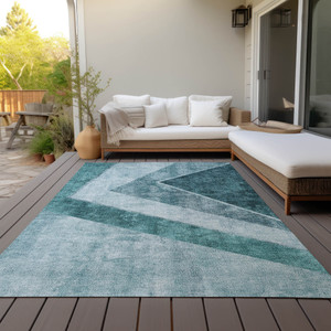 3' X 5' Teal Blue Aqua And Blue Geometric Washable Indoor Outdoor Area Rug