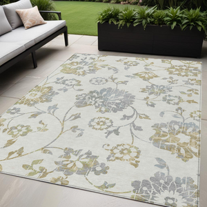 5' X 8' Ivory Gray And Gold Floral Washable Indoor Outdoor Area Rug