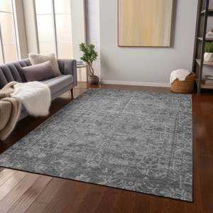 5' X 8' Gray Oriental Washable Indoor Outdoor Area Rug - Gray