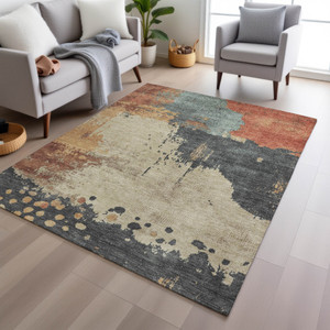 5' X 8' Rust Beige And Charcoal Abstract Washable Indoor Outdoor Area Rug