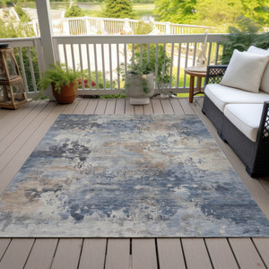 5' X 8' Denim Blue Beige And Charcoal Abstract Washable Indoor Outdoor Area Rug