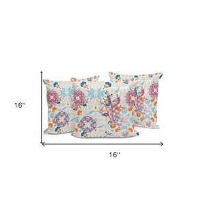 Set of Three 16" X 16" Blue and Off White Peacock Blown Seam Eclectic Indoor Outdoor Throw Pillow