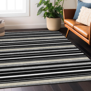 5' X 8' Black Ivory And Gray Striped Washable Indoor Outdoor Area Rug