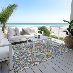 5' X 8' Denim Blue Beige And Brown Floral Washable Indoor Outdoor Area Rug