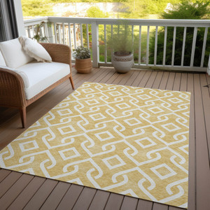 3' X 5' Gold And Ivory Geometric Washable Indoor Outdoor Area Rug