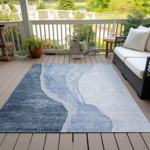 5' X 8' Navy Blue And Sky Blue Abstract Washable Indoor Outdoor Area Rug - 608219247218