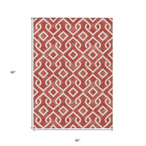 5' X 8' Red And Ivory Geometric Washable Indoor Outdoor Area Rug - 608219365813