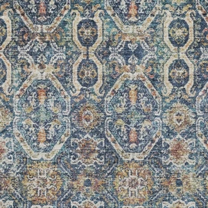 3' X 5' Denim Blue Beige And Brown Floral Washable Indoor Outdoor Area Rug
