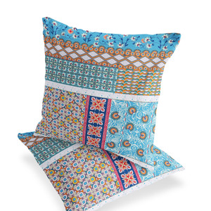 Set of Two 16" X 16" Blue and White Blown Seam Floral Indoor Outdoor Throw Pillow - 606114813514