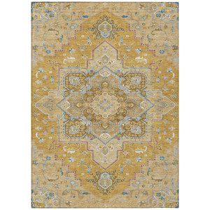 5' X 8' Gold Beige And Blue Oriental Washable Indoor Outdoor Area Rug