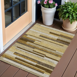 3' X 5' Khaki Taupe And Gold Striped Washable Indoor Outdoor Area Rug