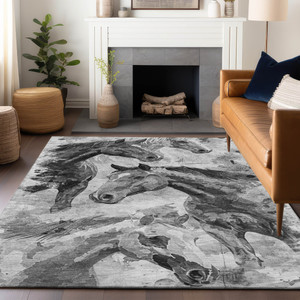 3' X 5' Gray And Silver Horse Washable Indoor Outdoor Area Rug - 880016411805