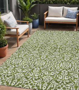 5' X 8' Olive Green And Ivory Damask Washable Indoor Outdoor Area Rug