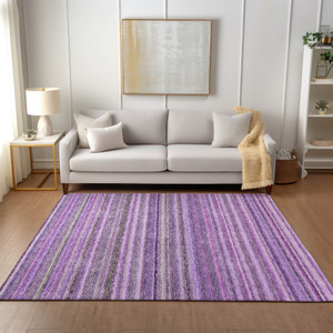 5' X 8' Purple Eggplant And Lilac Striped Washable Indoor Outdoor Area Rug