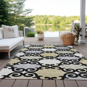 5' X 8' Black Gray And Ivory Trellis Washable Indoor Outdoor Area Rug