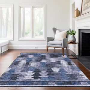 3' X 5' Navy Blue And Sky Blue Southwestern Washable Indoor Outdoor Area Rug