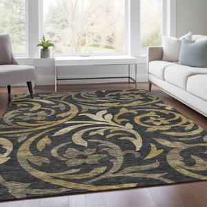3' X 5' Black Taupe And Gold Floral Washable Indoor Outdoor Area Rug