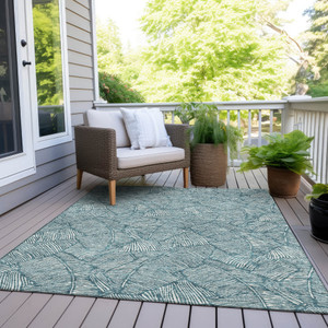 3' X 5' Teal Blue And Ivory Floral Washable Indoor Outdoor Area Rug Transitional Style - Teal Blue, Ivory Color