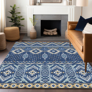 5' X 8' Navy Blue Beige And Ivory Aztec Washable Indoor Outdoor Area Rug