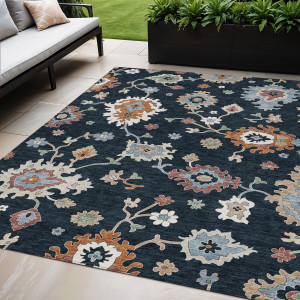 5' X 8' Black Blue And Ivory Floral Washable Indoor Outdoor Area Rug