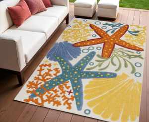 4' X 6' Blue Yellow And Orange Starfish Indoor Outdoor Area Rug