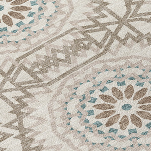 5' X 8' Beige Brown And Teal Blue Floral Medallion Washable Indoor Outdoor Area Rug