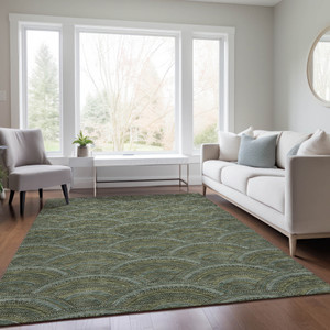 5' X 8' Olive Green Fern Green And Silver Geometric Washable Indoor Outdoor Area Rug