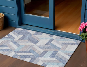 3' X 5' Denim Blue Geometric Washable Indoor Outdoor Area Rug - Denim Blue