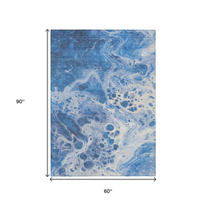 5' X 8' Navy Blue And Ivory Abstract Washable Indoor Outdoor Area Rug - 880016510430