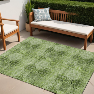 5' X 8' Olive Green Floral Medallion Washable Non Skid Indoor Outdoor Area Rug