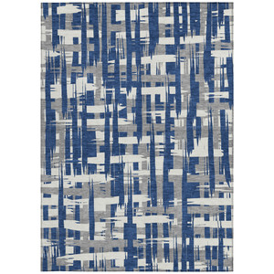 3' X 5' Navy Blue Gray And Ivory Striped Washable Indoor Outdoor Area Rug - Navy Blue, Gray, Ivory