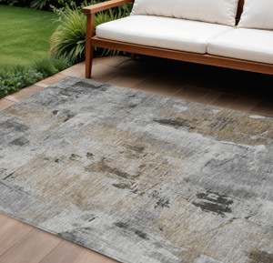 5' X 8' Gray Ivory And Brown Abstract Washable Indoor Outdoor Area Rug