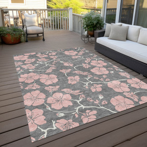 5' X 8' Gray Pink And Ivory Floral Washable Indoor Outdoor Area Rug