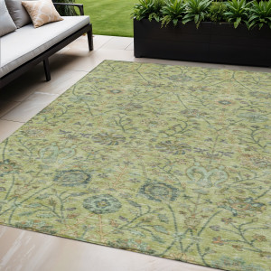 5' X 8' Mint Green Brown And Gray Floral Washable Indoor Outdoor Area Rug