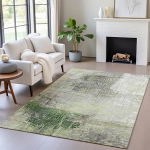 5' X 8' Artichoke Green And Ivory Abstract Washable Indoor Outdoor Area Rug - 880016667981
