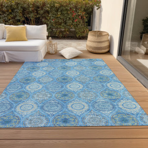 5' X 8' Denim Blue Sky Blue And Ivory Floral Medallion Washable Indoor Outdoor Area Rug