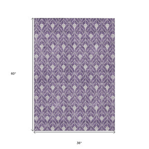 3' X 5' Purple And Ivory Geometric Washable Indoor Outdoor Area Rug Transitional Style - Purple, Ivory Color