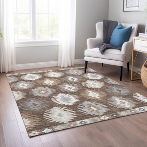 5' X 8' Brown Ivory And Taupe Southwestern Washable Indoor Outdoor Area Rug