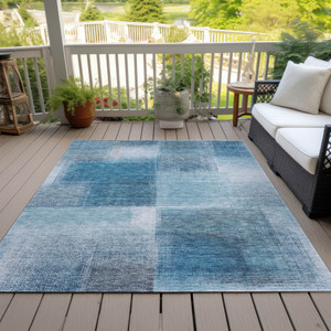 3' X 5' Denim Blue And Navy Blue Abstract Washable Indoor Outdoor Area Rug Transitional Style - Denim Blue, Navy Blue Color