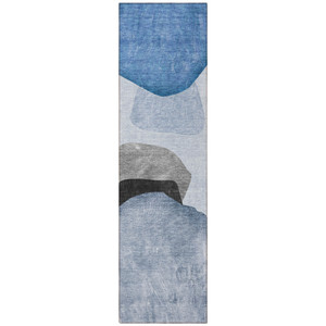 8' Runner Blue Gray and Black Abstract Washable Non Skid Indoor Outdoor Runner Rug