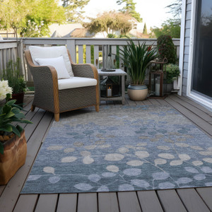 5' X 8' Denim Blue And Gray Floral Washable Indoor Outdoor Area Rug