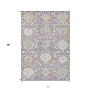 5' X 8' Lavender Gold And Green Damask Washable Indoor Outdoor Area Rug