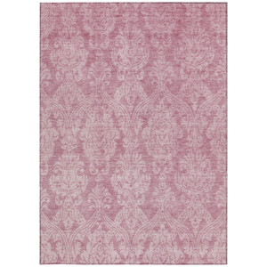 5' X 8' Pink And Ivory Damask Washable Indoor Outdoor Area Rug - Pink, Ivory
