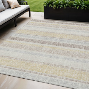 5' X 8' Ivory And Beige Striped Washable Indoor Outdoor Area Rug - 880016393323