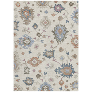 5' X 8' Ivory Brown And Blue Floral Washable Indoor Outdoor Area Rug